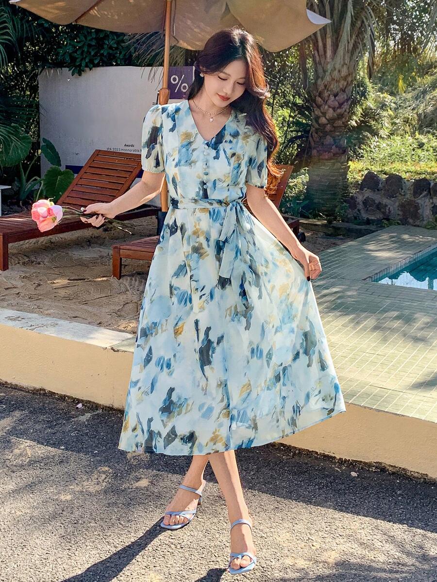 DAZY Women's Elegant Tie Dye Puffy Sleeve Mid-Length Dress Floral Summer