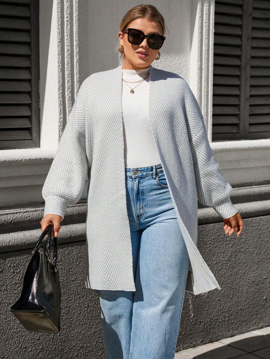 SHEIN LUNE Plus Size Casual Diamond Stripe Pattern Loose Versatile Autumn Cardigan Without Buttonsbusiness Casual Woman,Holiday Outfits,Country Tops
