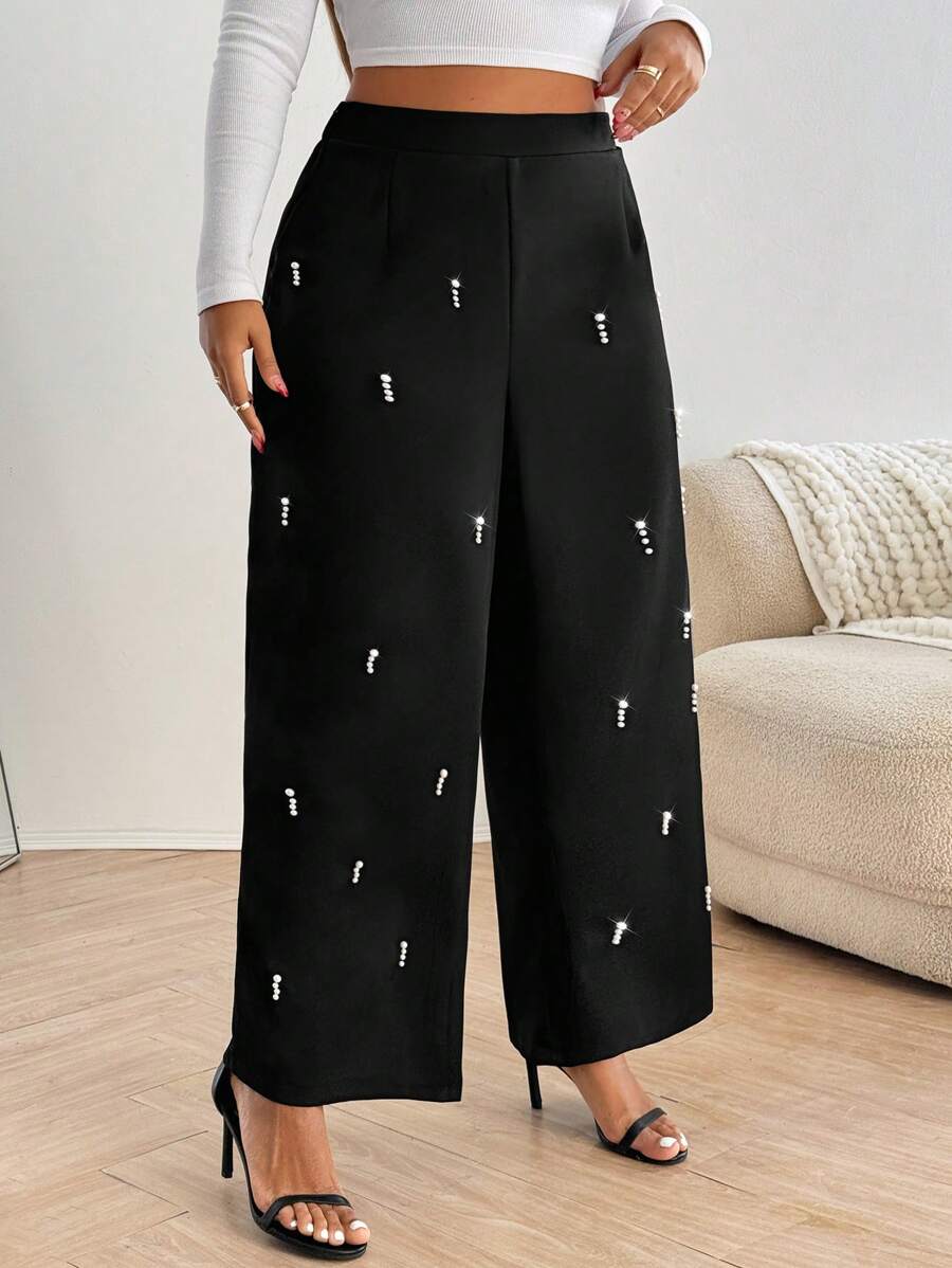 Celure Plus Size Women Pearl Embellished Casual Pants, Minimalist And Fashionable For Everyday Wear
