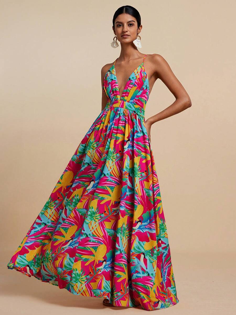 Travachic Vestido sin mangas con escote en V con estampado de plantas tropicales para mujeres