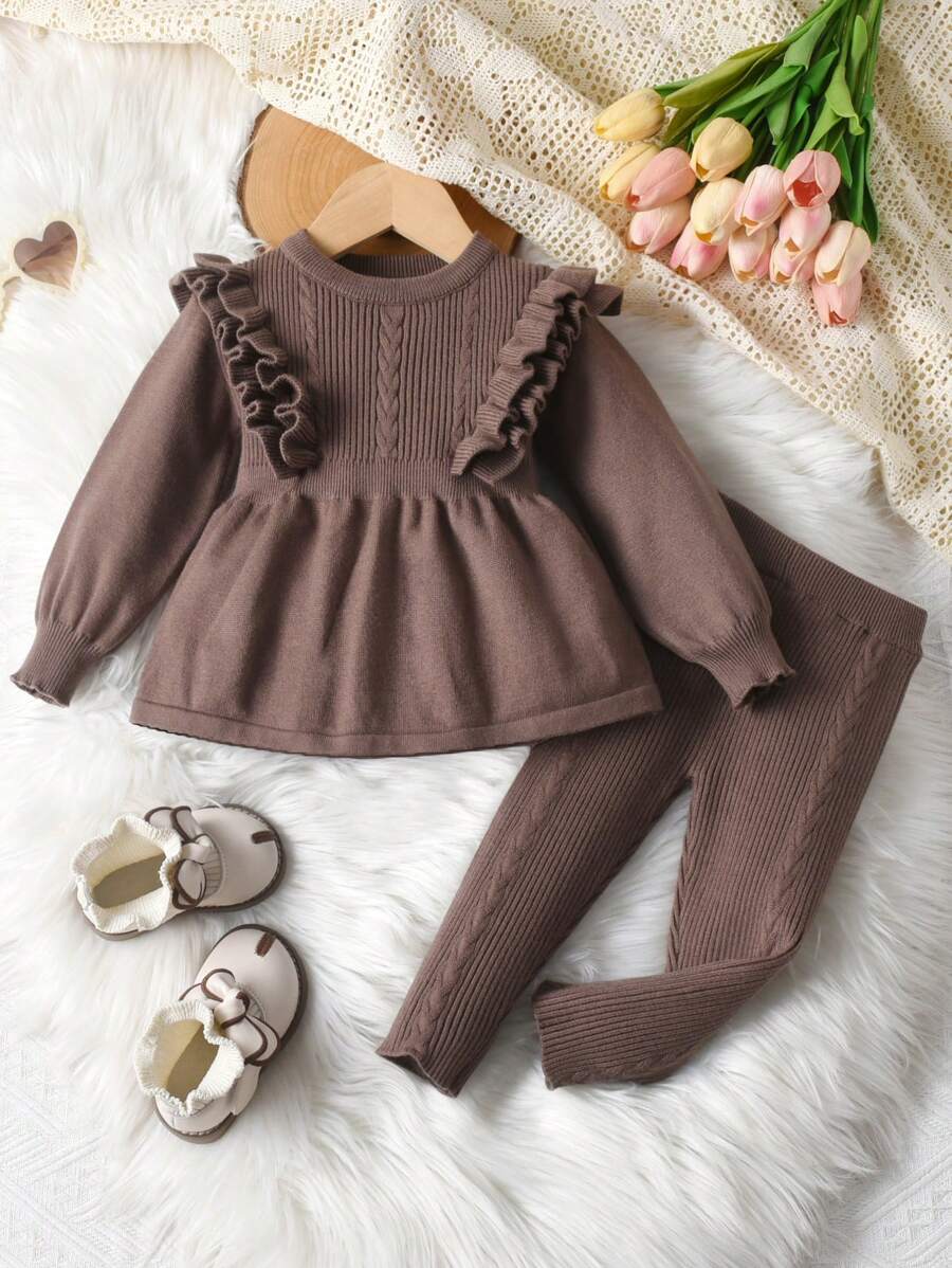 2pcs/Set Baby Girls Ruffle Trim Long Sleeve Sweater And Long Pants Set, Infant Solid Color Knitted Sweater And Trousers Casual Outfit