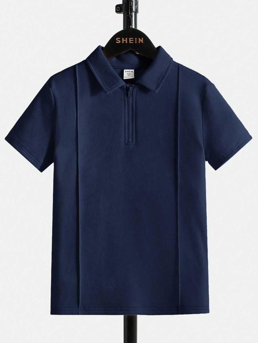 SHEIN Tween Boy Plus Size Solid Color Front Zipper Short Sleeve Casual Polo Shirt