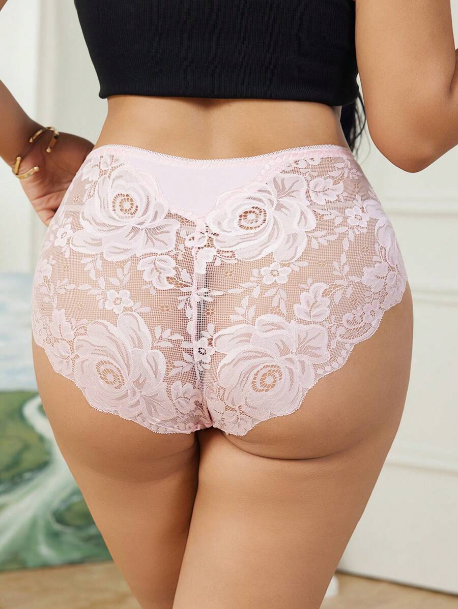 Plus Size Solid Color Simple Contrast Lace Panty, Everyday Casual Wear Lingerie
