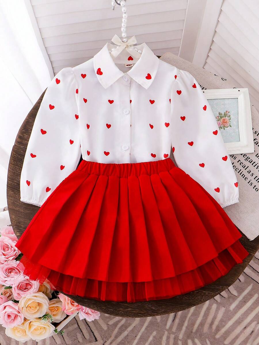SHEIN Conjunto de vestir elegante y de alta calidad para vacaciones de otoño para niñas jóvenes con falda de malla roja casual, camisa con cuello y estampado de corazones con forro plisado de malla