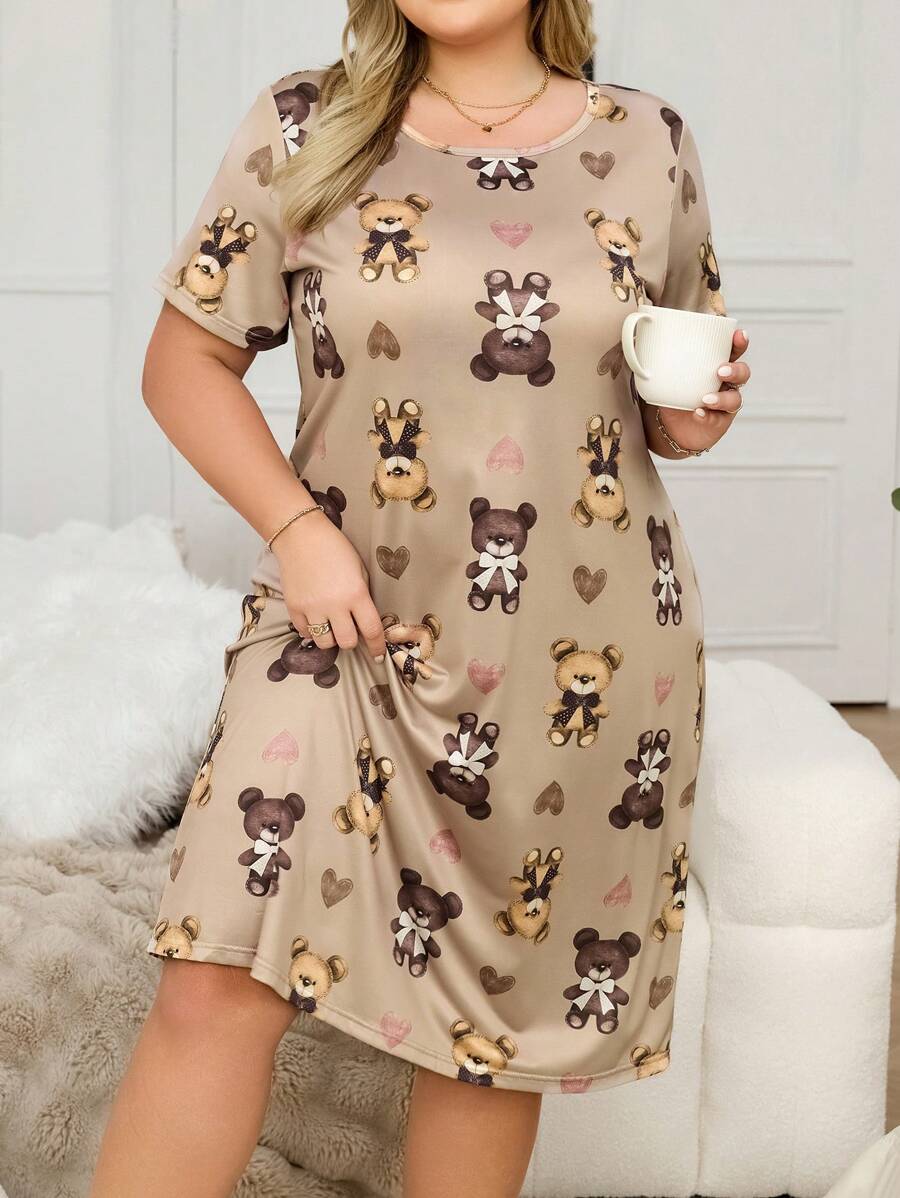 Simple Fashionable Cartoon Bear Print Plus Size Casual Nightgown For Everyday Wear