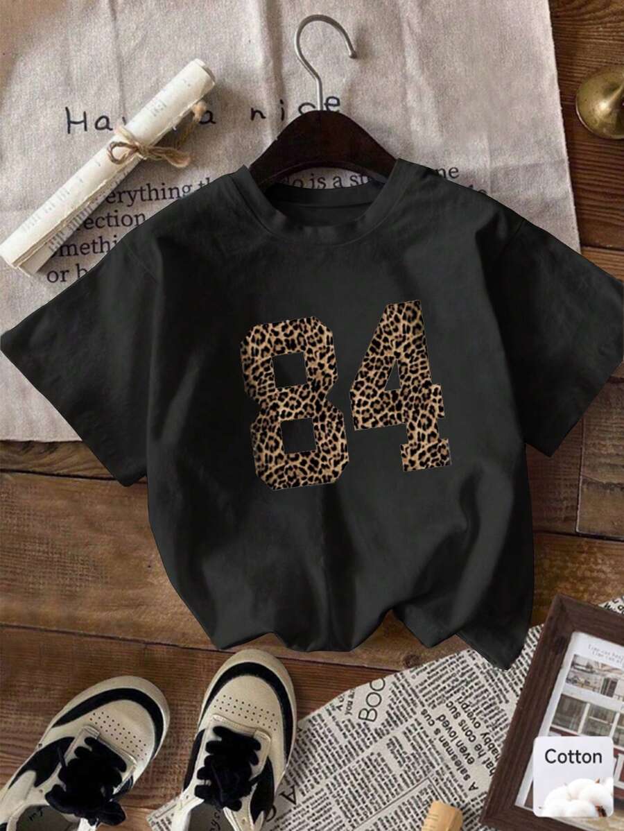 Teen Girl Leopard Print Short Sleeve Casual T-Shirt, Minimalist Fashion Daily Wear