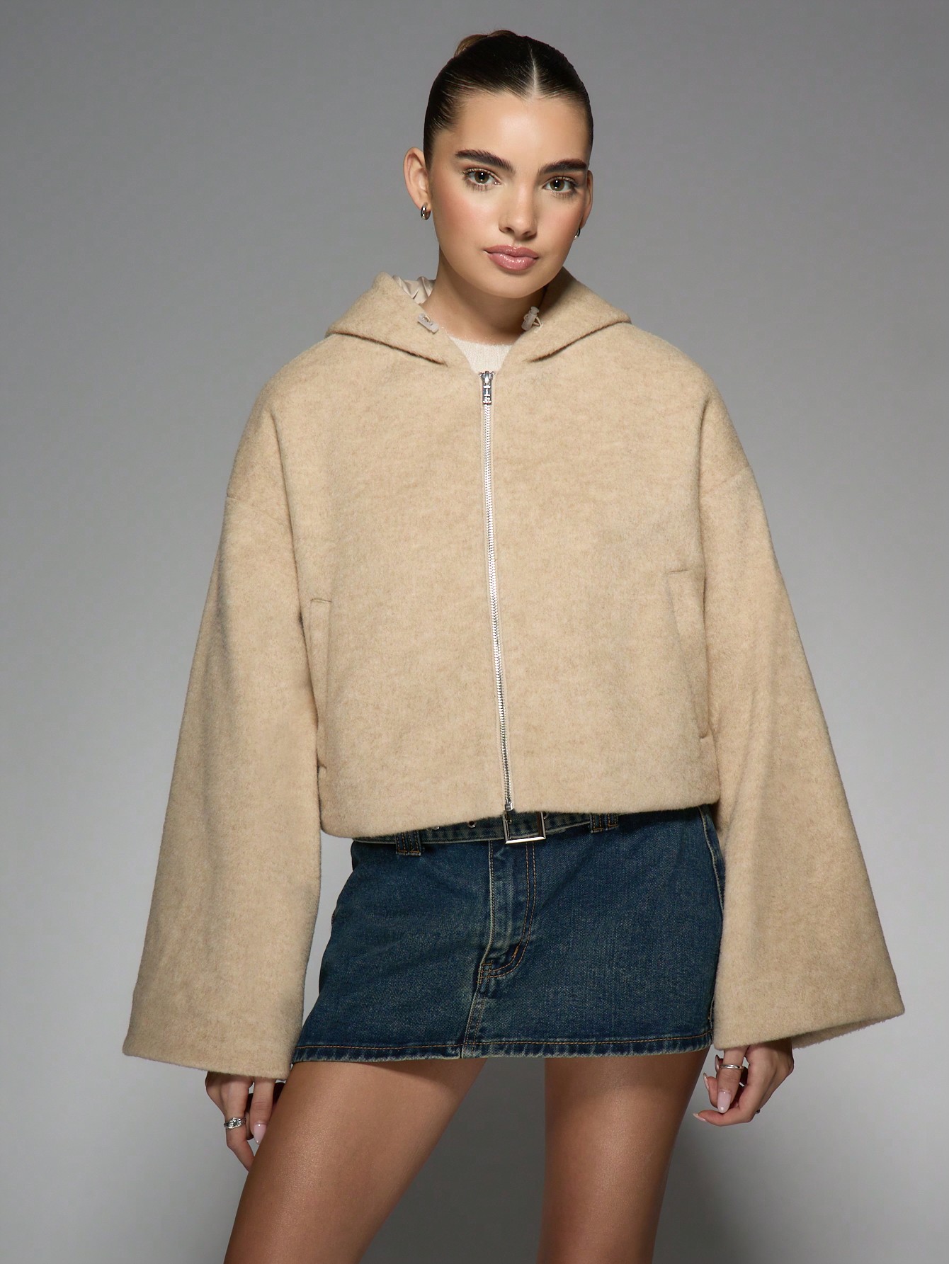 MISSGUIDED Wool Blend Cropped Hooded Zip-Front Bomber Jacket