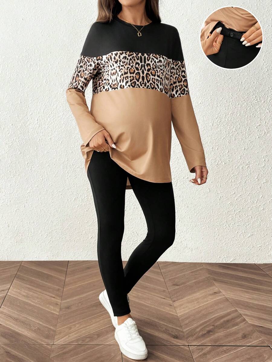 SHEIN 2pcs/Set Pregnant Women Heart & Leopard Print Round Neck Long Sleeve T-Shirt And Adjustable Waist Casual Pants
