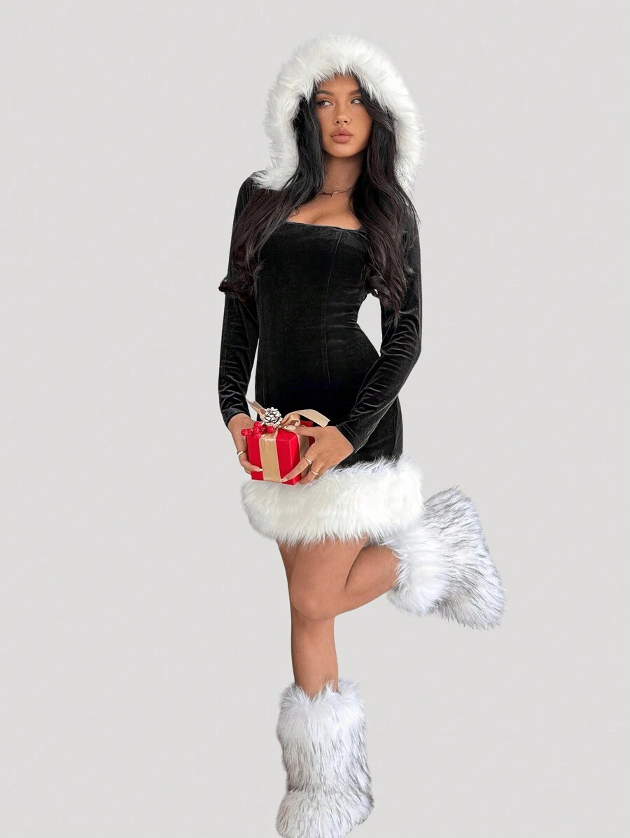SHEIN SXY Women Fall Holiday Party Christmas Snowman Green Velvet Furry Trim Hooded Mini Sexy Dress, Women Outfit, Christmas Gift
