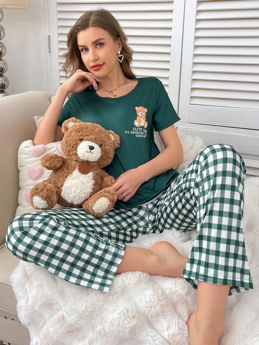 Plaid Bear Print Pajama Set, Casual And Fashionable For Daily Wear