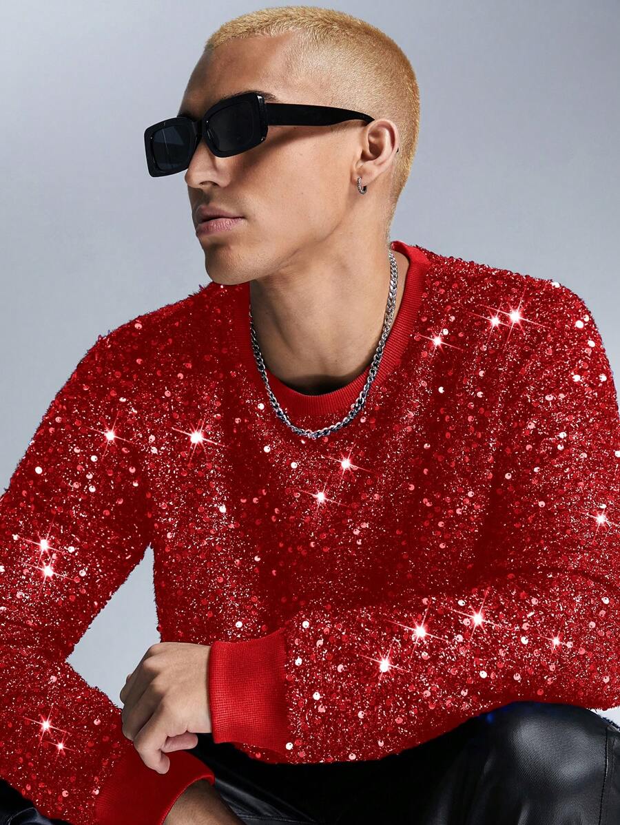 Manfinity UZERO Felpa girocollo unisex di moda con glitter, aderente