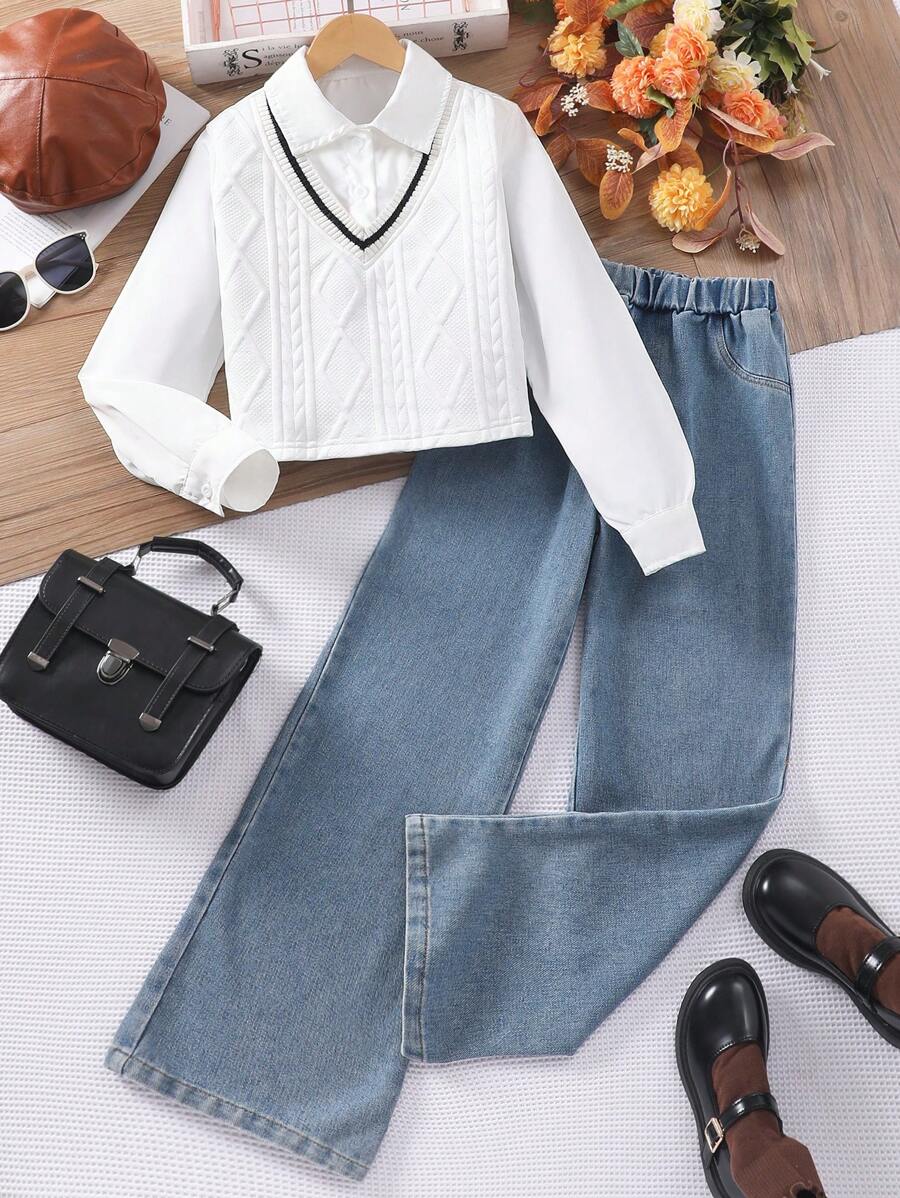SHEIN Conjunto de 2 peças de roupa casual para meninas adolescentes para a escola: colete de malha, camisa de malha e calças jeans, outono/inverno