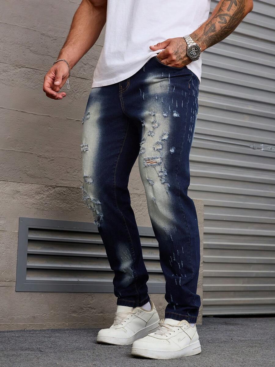 Manfinity Homme Pantalones vaqueros casuales con bolsillos y efecto desgastado para hombres de talla grande