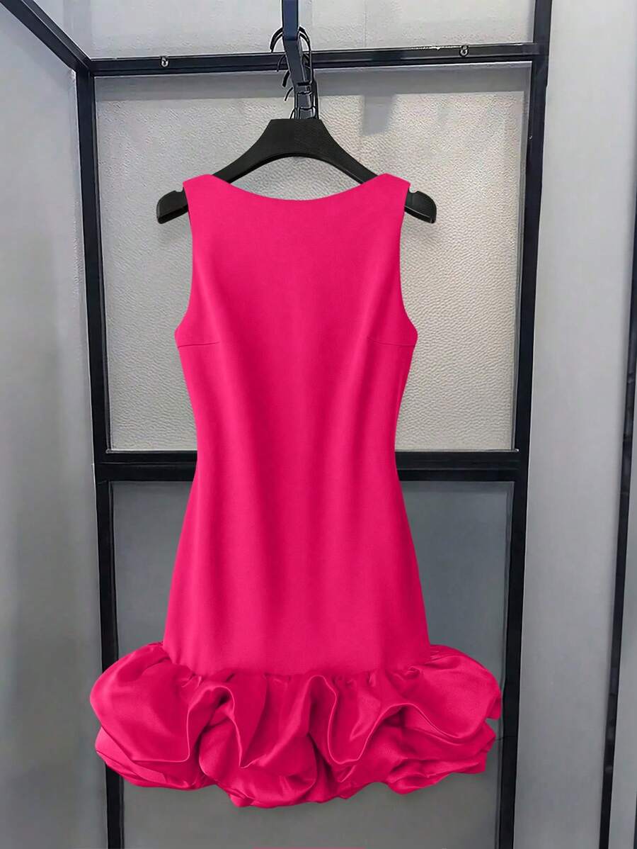 INAWLY Women's Solid Color Round Neck Sleeveless Puff Hem Fashionable Short Dress