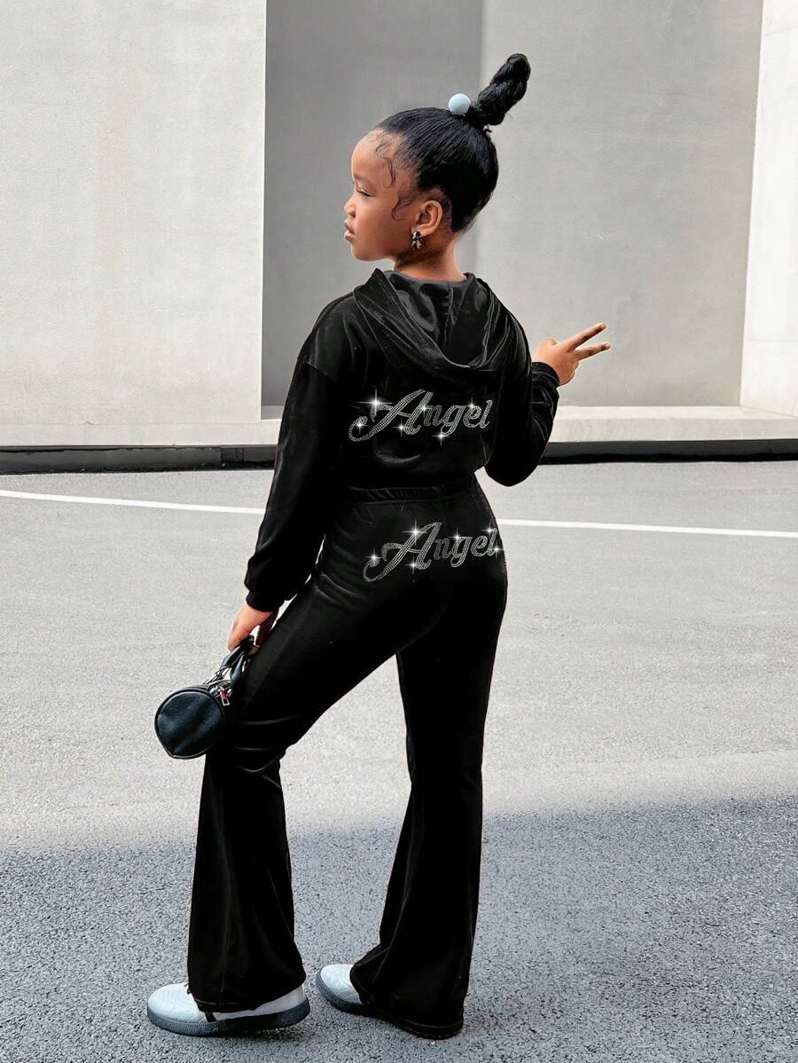 SHEIN Tween Girls Casual & Elegant Zwart Fluwelen Strass Versierde Capuchon Rits Top En Zak Broek Casual Sport Pak 2-delige Set, Geschikt Voor Dagelijkse Herfst Winterkleding, Terug Naar School, Casual Gelegenheden