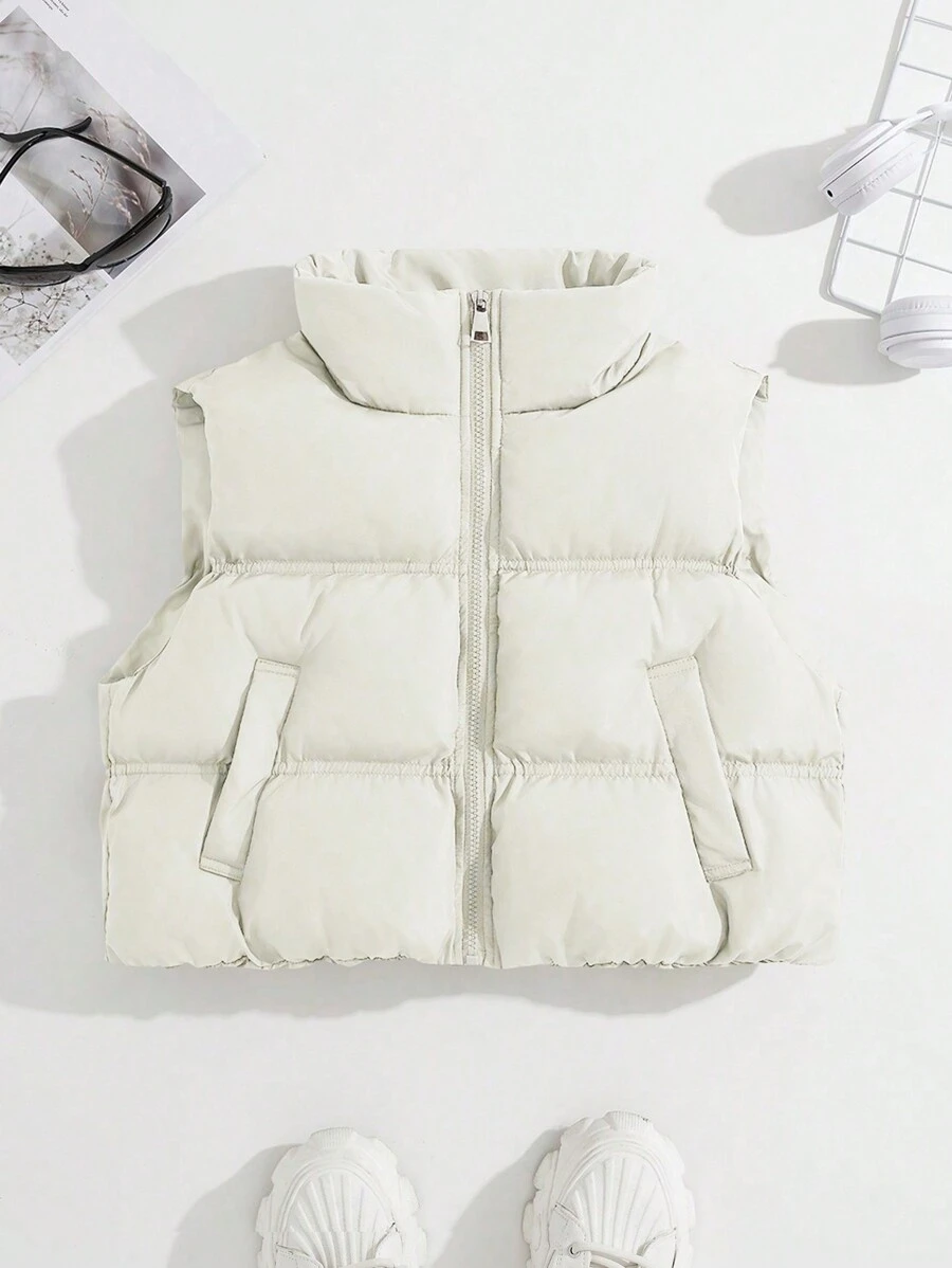 Flirla Chaleco acolchado casual de invierno para mujer con cierre de cremallera, cuello y bolsillos