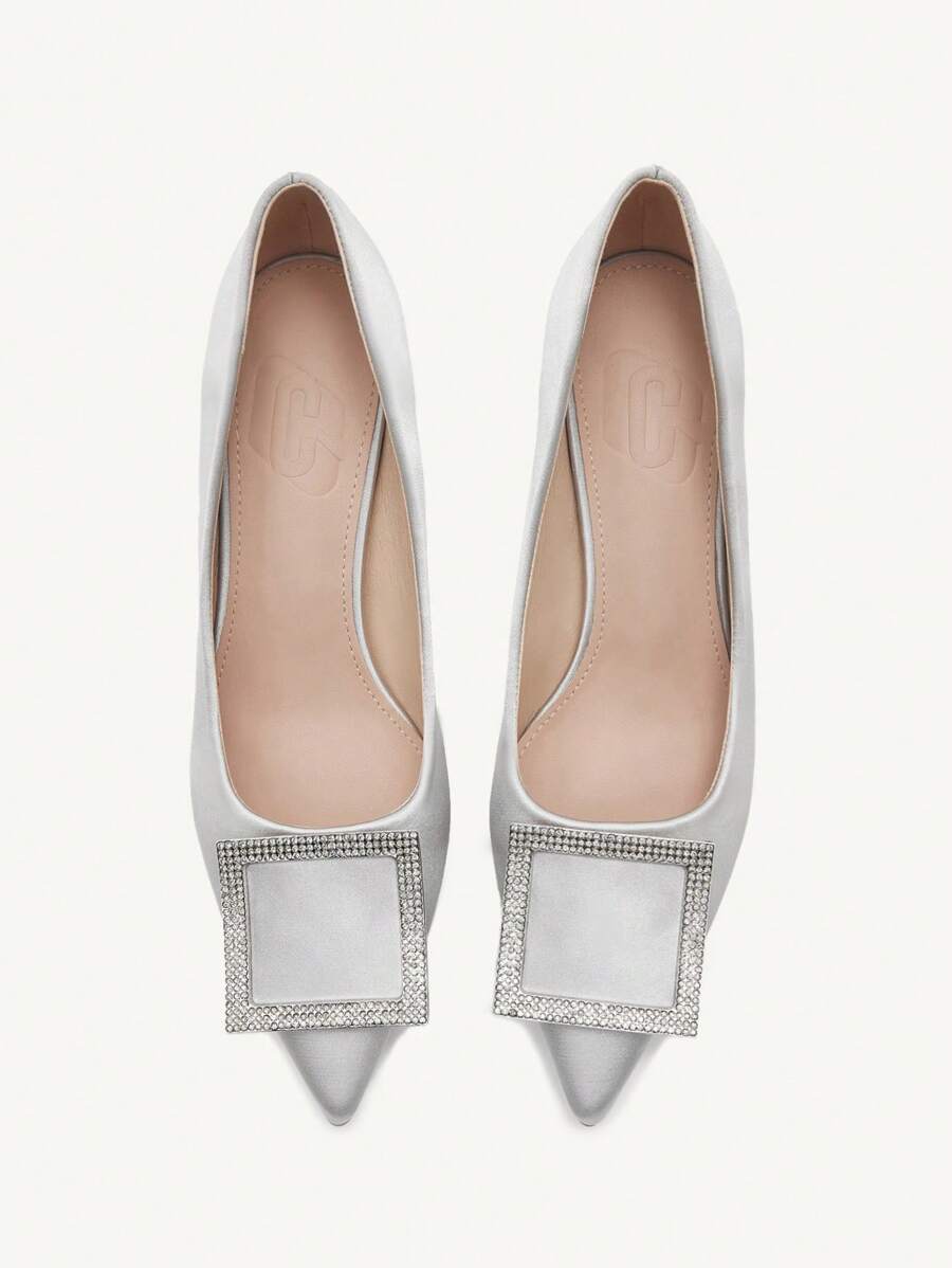 CUCCOO CHICEST Women's Fashion Elegant Silver Color Satin Rhinestone Buckle Pointed Toe Stiletto High Heels, Suitable For Wedding, Bridesmaid, Party, Banquet, Date, Christmas, New Year, Valentine's Day, Comfortable Shoes Valentines