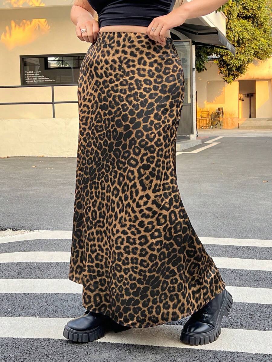 SHEIN EZwear Plus Size Leopard Print Fishtail Skirt, Casual & Fashionable For Everyday Wear