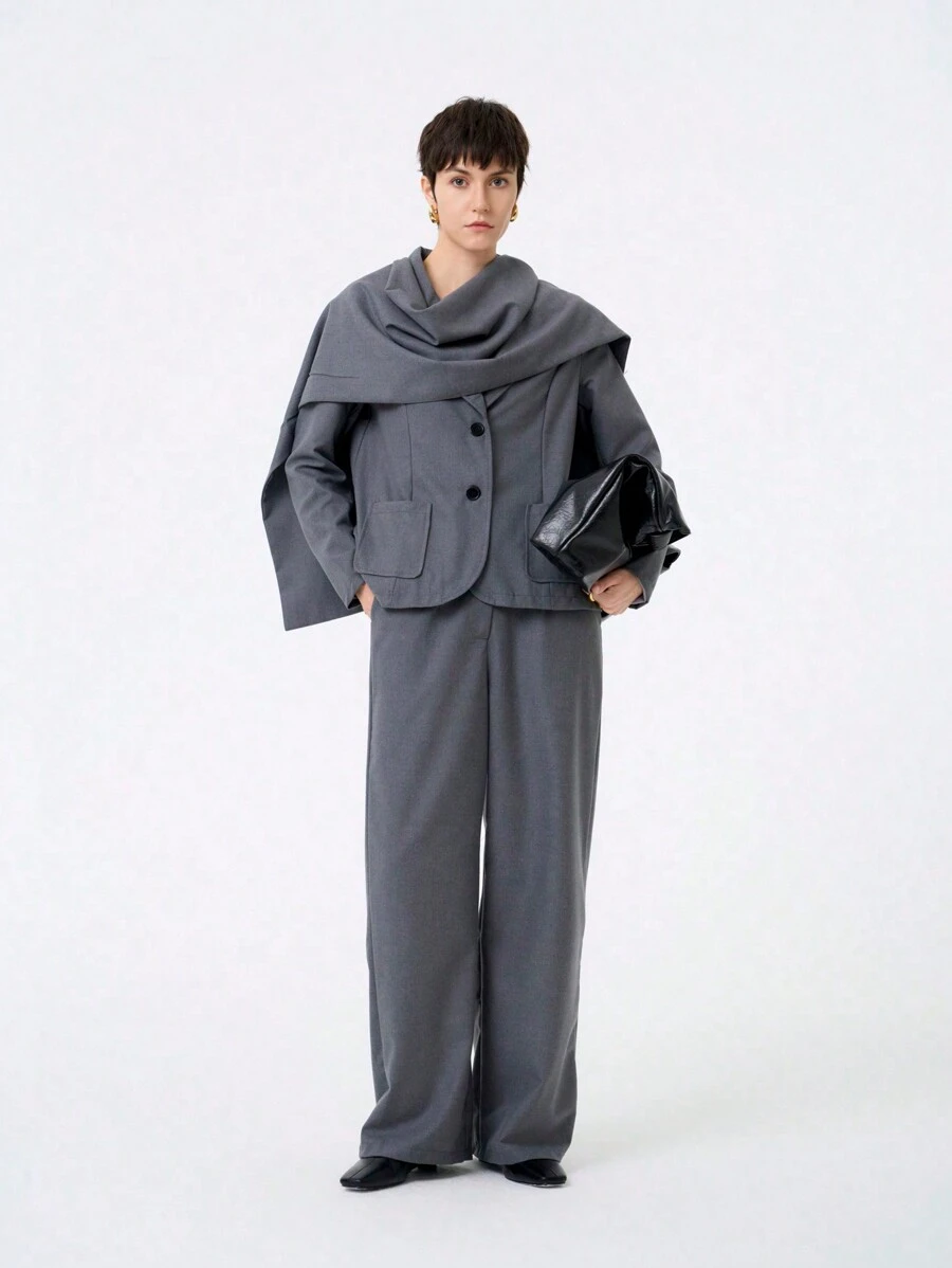 Aalyst Women Retro Elegant Fashion Long Sleeve Collar Scarf Jacket And Straight Solid Color Pants Suit, Comfortable For Commuting