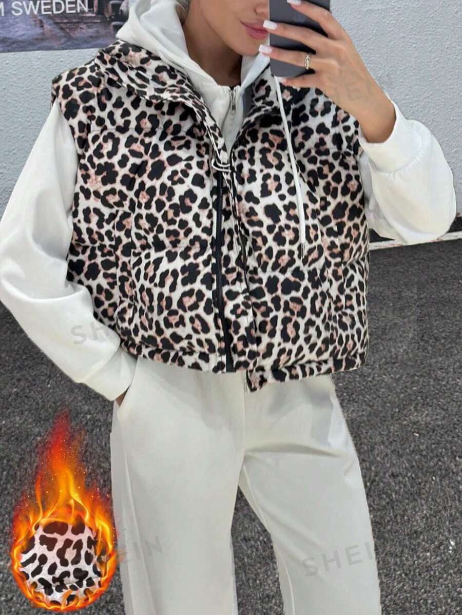 Flirla 1 pieza Abrigo sin mangas acolchado con estampado de leopardo, ropa casual para invierno