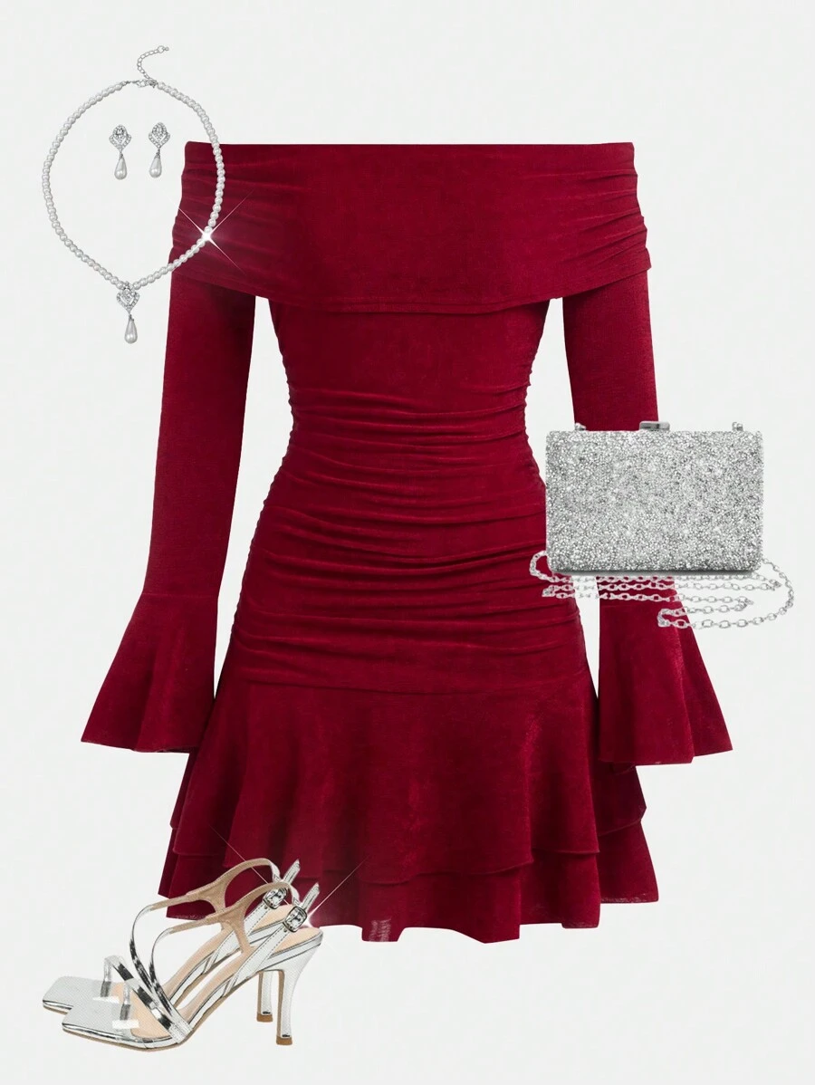 SHEIN Girlism Teen Girls Burgundy Volane Volanat Trim Rochie Bodycon Party Pentru Teen Girl, Rochie de Crăciun