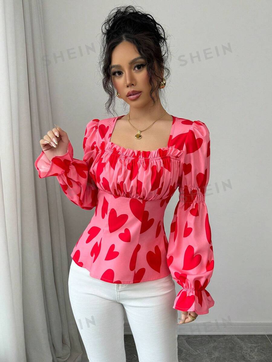 Elenzga Camisa elegante con estampado de corazón rojo y fruncido