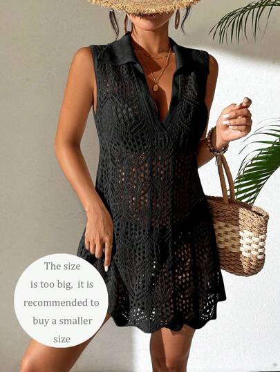 SHEIN Swim Women's Solid Color Turn-Down Collar Shell Hem Sheer Sleeveless Dress Summer