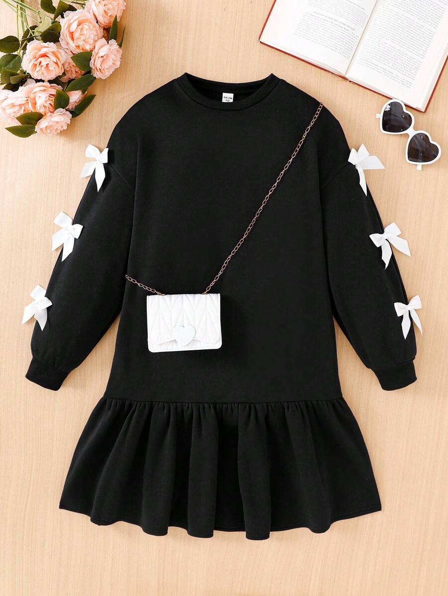 SHEIN Tween Girls Casual Vintage College Style Knit Crew Neck Pullover Dress With Contrast Color Bow, Long Sleeve And Ruched Hem