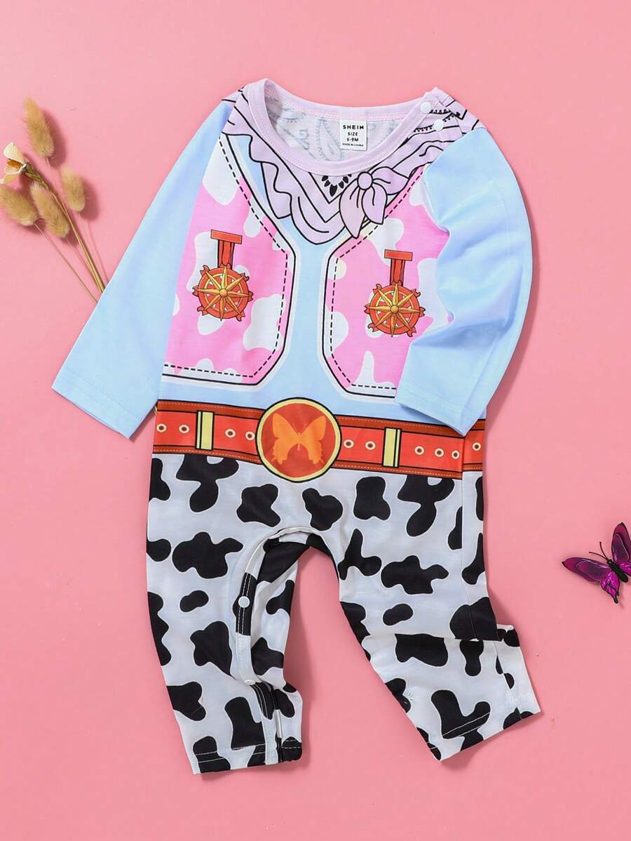 SHEIN Baby Girls Casual Cute Cowboy Print Romper, Soft & Comfortable Knit Fabric Suitable For Daily Wear, Birthday Party, Photo Shoot, Outing, Home Leisure