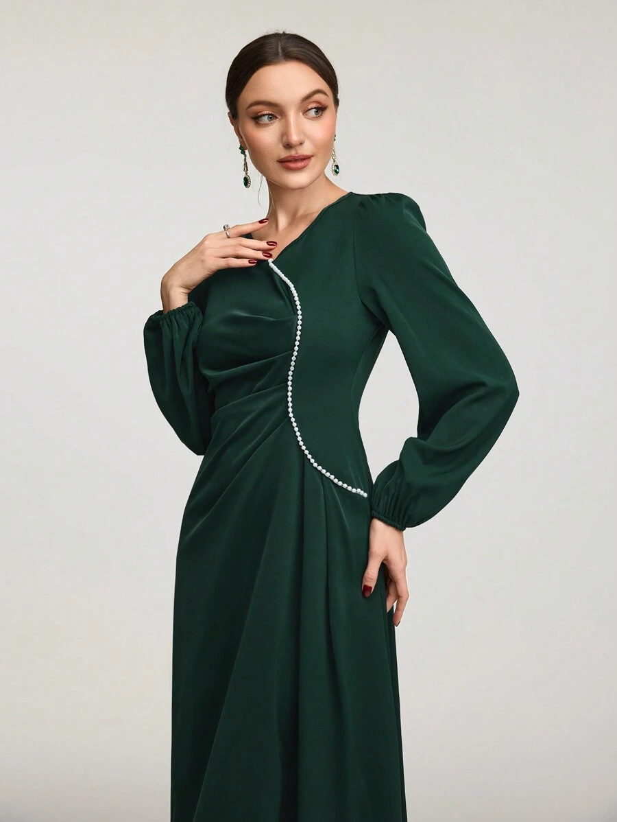 Modelyn Women's V-Neck Lantern Sleeve Pleated Elegant Arabian Modest Long Sleeve Dress Long Evening Dresses