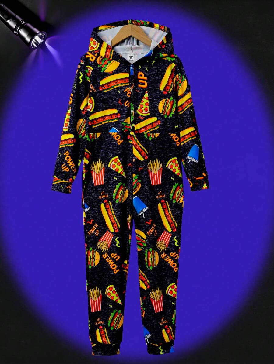 SHEIN Pijama de una pieza con capucha de manga larga para adolescentes con estampado completo que brilla en la oscuridad de patatas fritas y hamburguesa, estilo minimalista casual