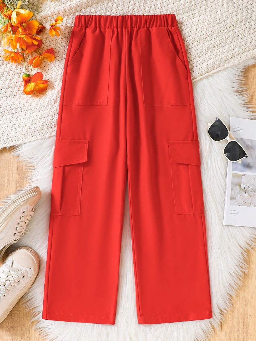 Pantalones anchos casuales y sueltos para niñas preadolescentes con cintura elástica y bolsillos de cargo de un solo color