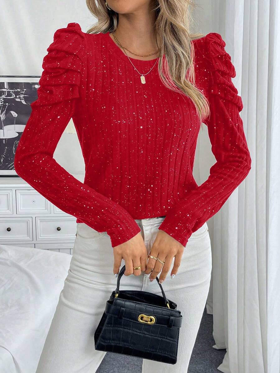 Chiquease Casual Round Neck Puff Sleeve T-Shirt With Flock Spangle Corrugated Detail