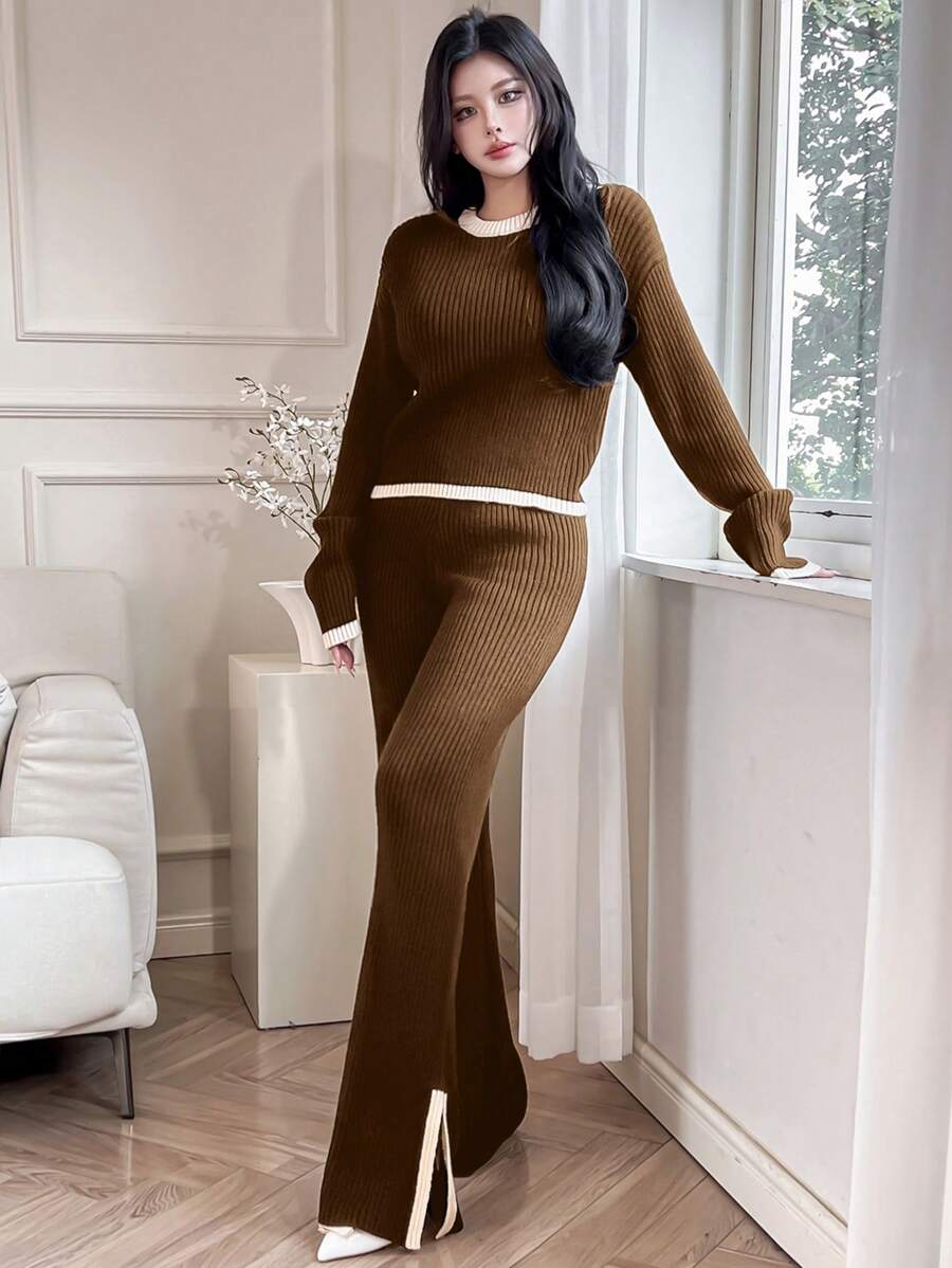 Mulvari 2pcs Women Casual Contrast Color Trim Sweater & Pants Set, Autumn/Winter 2 Pieces Set