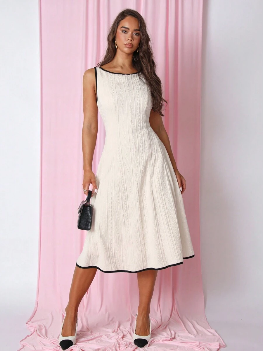 COSMINA Women's Color Block Trim Round Neck Sleeveless Simple Casual Dress