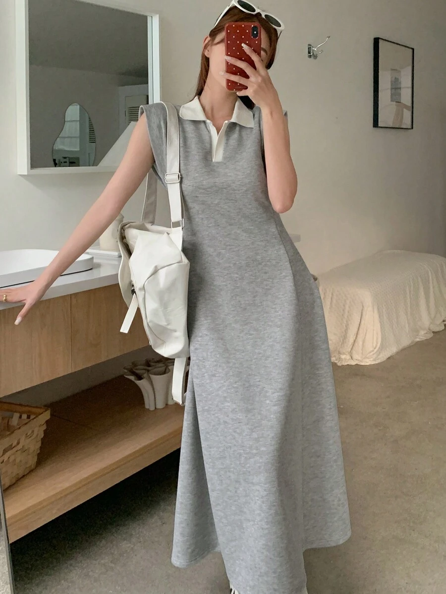 DAZY Women's Polo Collar Sleeveless A-Line Mid-Calf Dress Sundress Shirt Dress,Casual Women Dresses