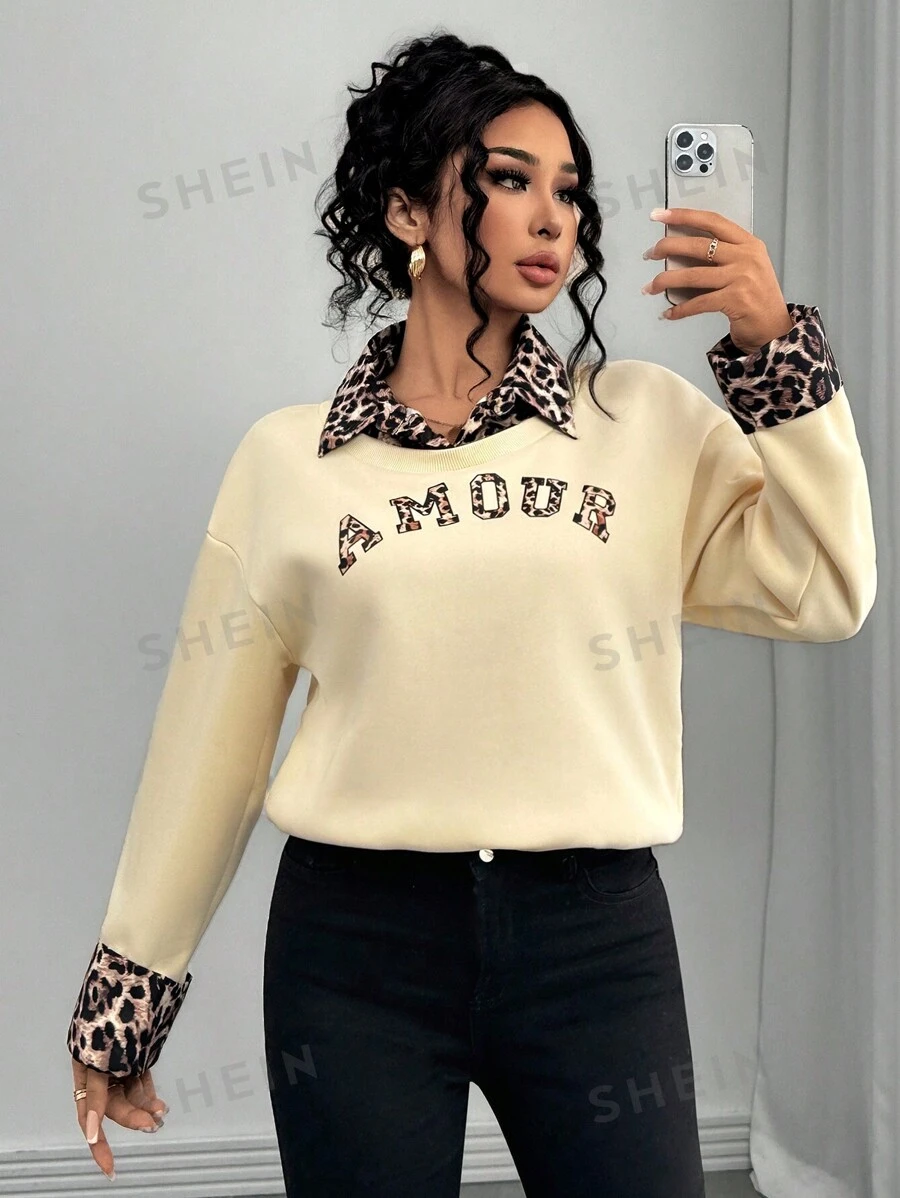 INAWLY Sudadera mujer de cuello redondo de manga larga con estampado de leopardo, 2 en 1