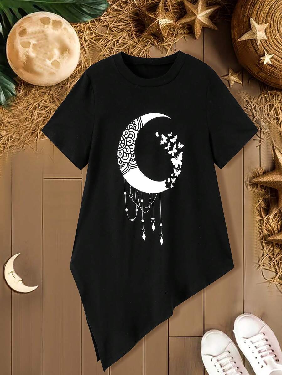 Mulvari Plus Size Women Ramadan Butterfly Print Round Neck Short Sleeve Casual Asymmetric Hem T-Shirt For Summer