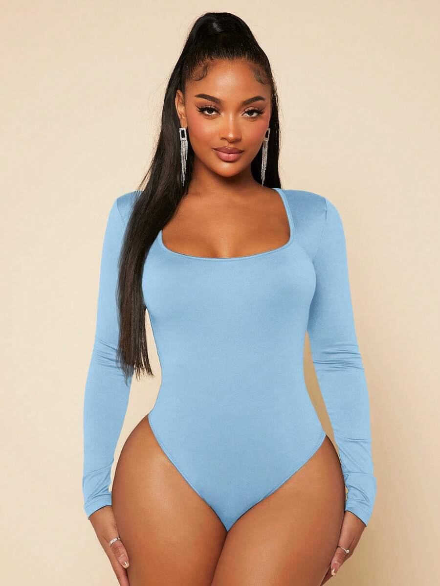 Radiana Square Neck Slim Fit With Sleeves Black Bodysuit