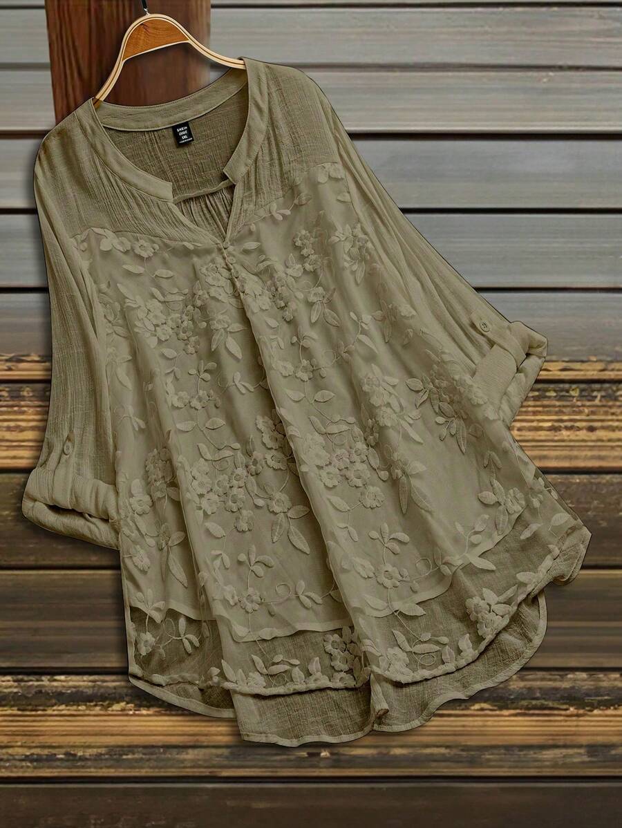 SHEIN Plus Size Women Autumn Cutout V-Neck Plant Applique Flared Sleeve Elegant Blouse