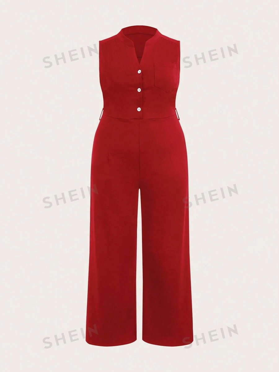 Slaydiva Mono largo de una sola pieza en negro sólido con cuello en V sin mangas y botones hasta la mitad para mujer de talla grande, elegante y casual para vacaciones, primavera/verano