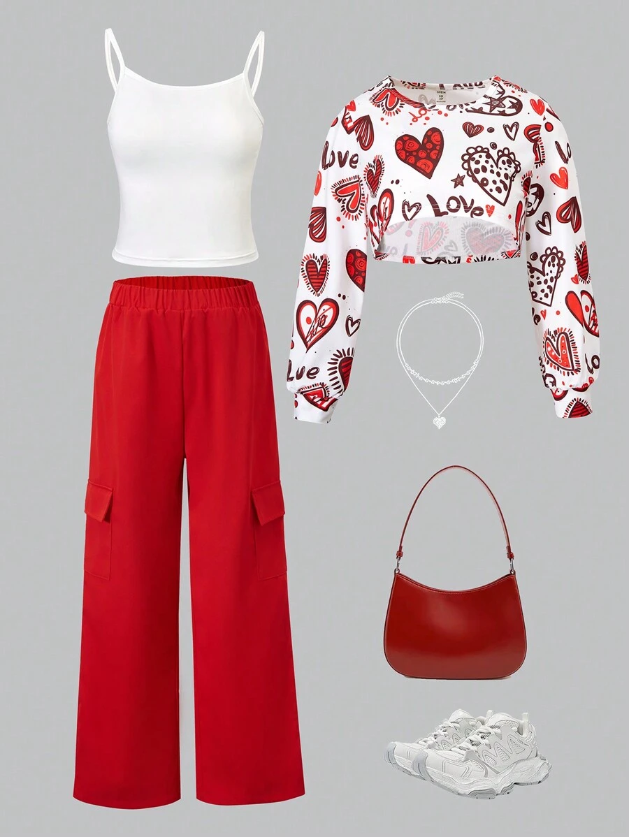 Conjunto de 3 piezas para niñas preadolescentes con: top corto de manga larga con estampado de corazones graffiti, camiseta sin mangas de unicolor y pantalón cargo para Día de San Valentín