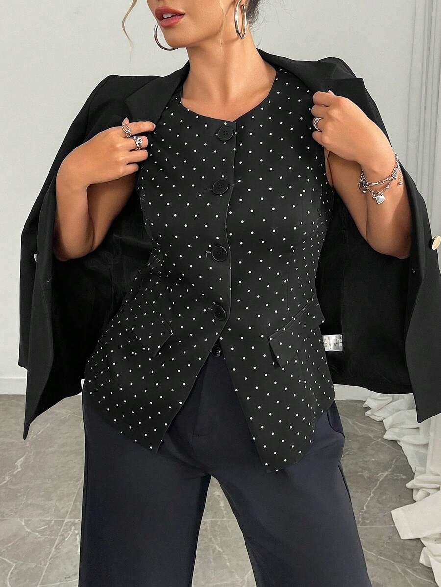 Franclia Blazer informal a medida de manga corta con cuello redondo y bolsillos falsos con estampado de lunares en estilo francés para mujer de talla grande, para todas las temporadas