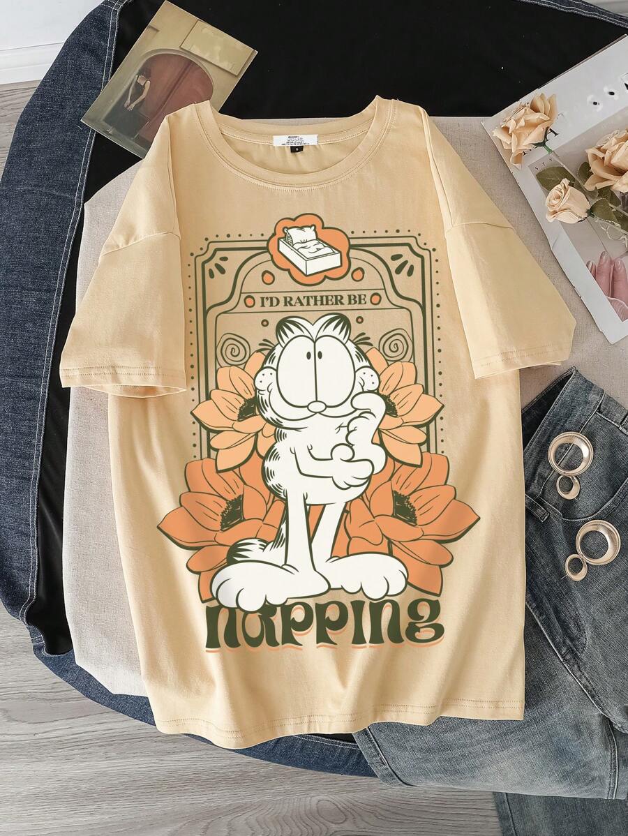 GARFIELD X SHEIN Women's Casual Cartoon Cat & Letter Print Short Sleeve T-Shirt, Summer