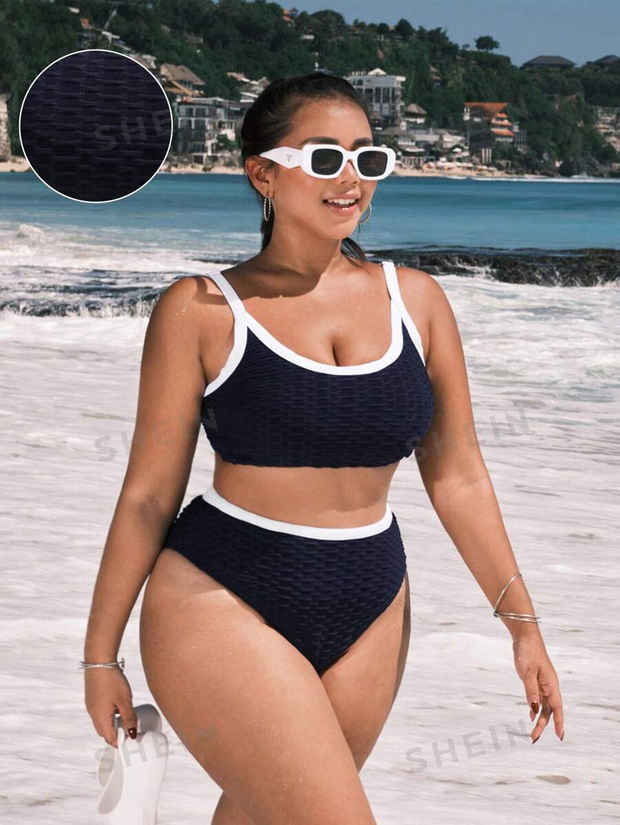 Swim SPRTY Juego de bikini de moda para mujeres de talla grande con ribete de contraste