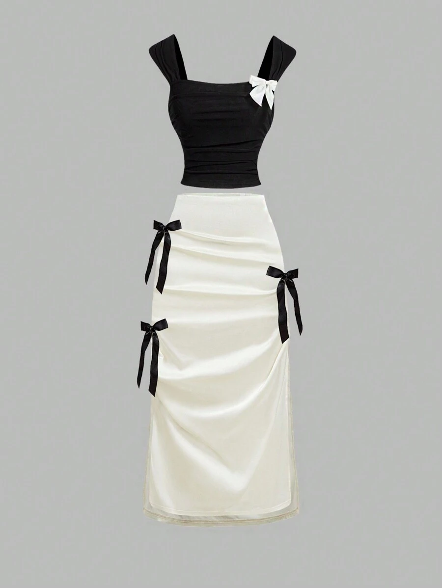 SHEIN MOD Conjunto de chaleco y falda casual elegante con decoración de lazo, vestido de San Valentín, conjunto de San Valentín, ropa de primavera, ropa de verano