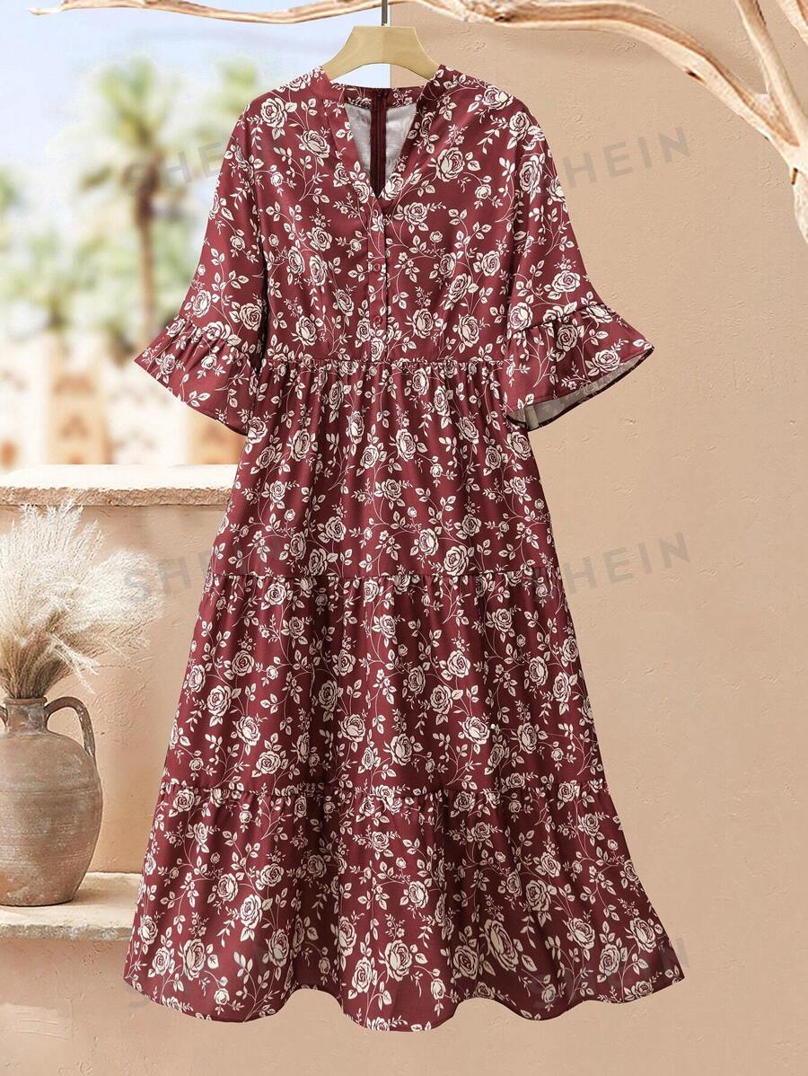 Lacomfia Vestido de verano con cuello en V con estampado floral vintage para tallas grandes