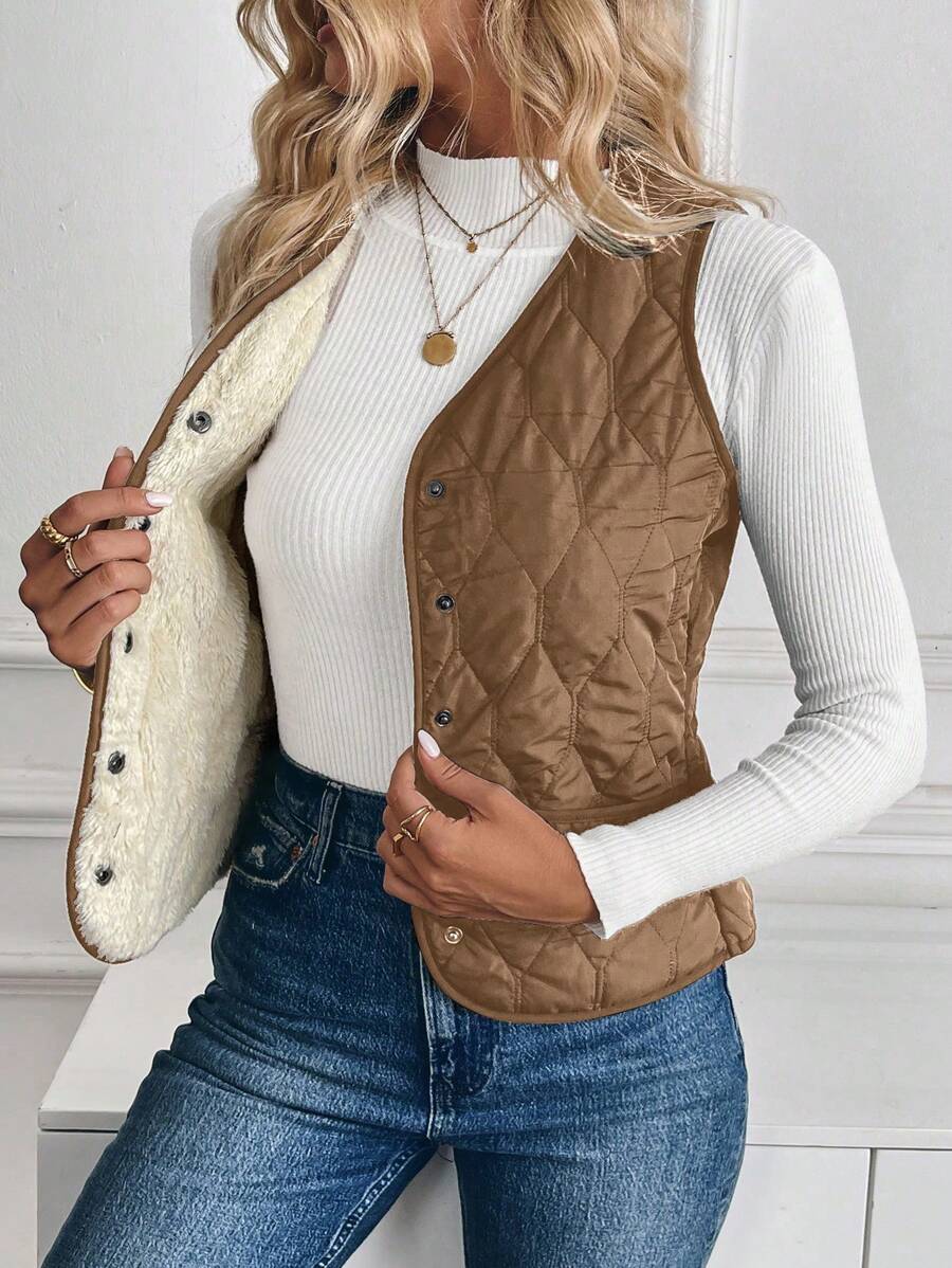 SHEIN LUNE Chaleco acolchado de algodón liso con botones frontales, sin mangas, de estilo casual y sencillo para mujeres