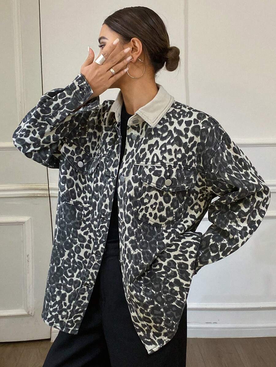 DAZY Women's Autumn Chic Leopard Print Denim Jacket Cheetah Print