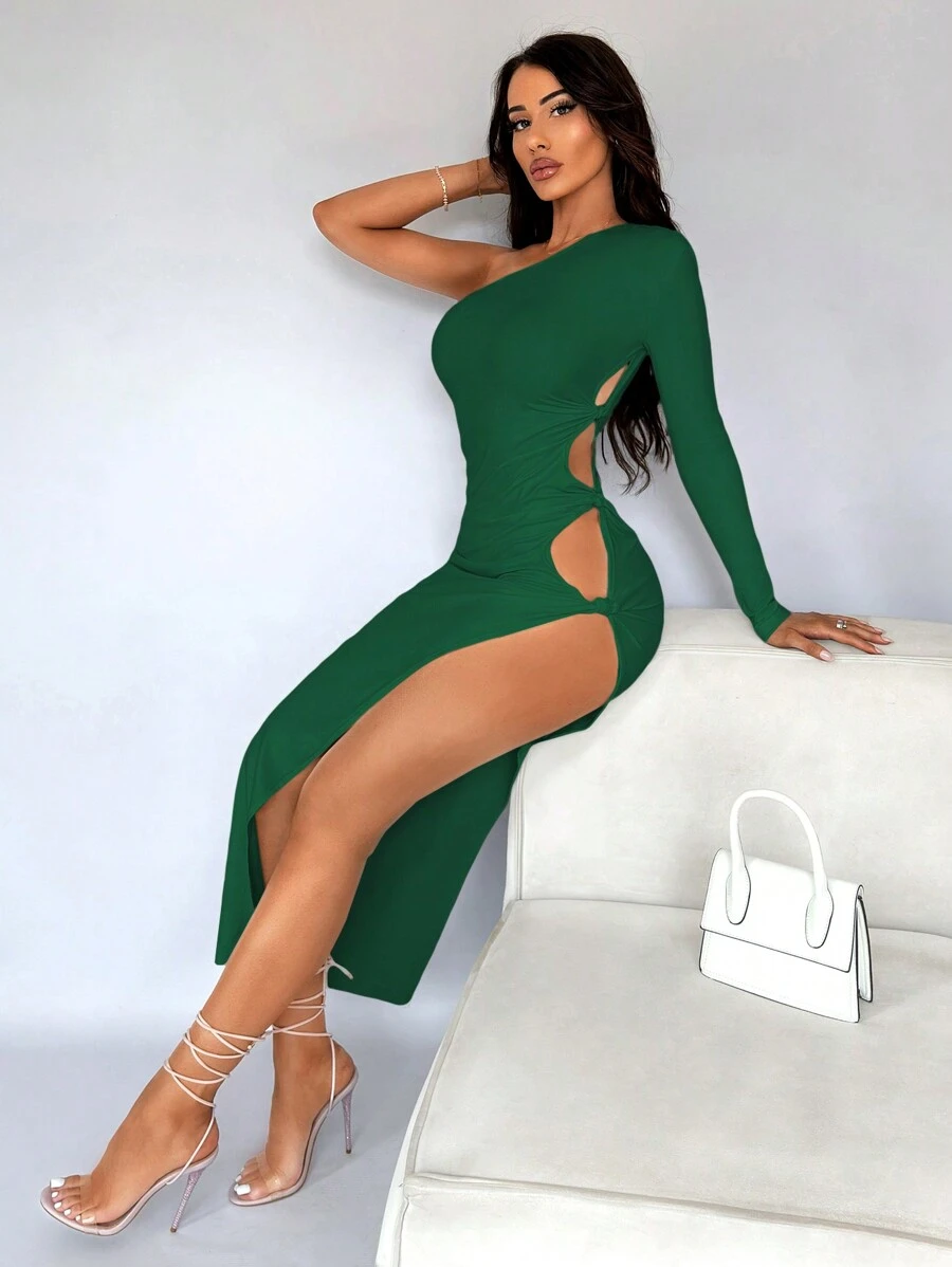 SHEIN SXY Vestido blanco de manga larga, un solo hombro, con cintura hueca y abertura alta sexy para mujer
